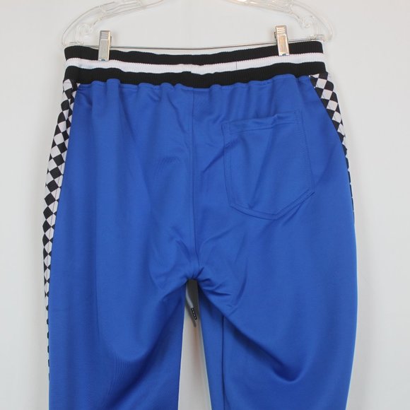 Womens Blue Lounge Drawstring Pants with Black and White Checkered Stripe - Picture 5 of 12